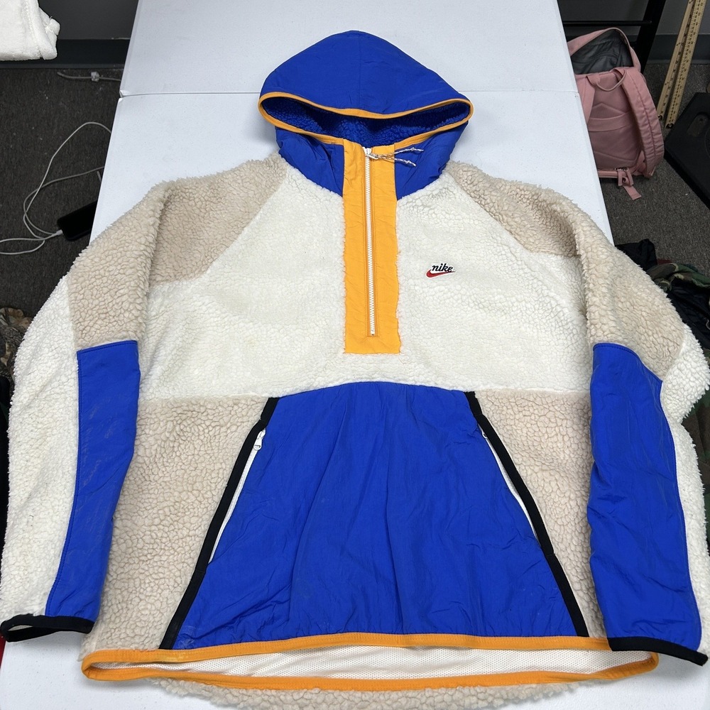 Nike Sherpa Fleece Pullover Hoodie Mens L Blue Sail Yellow Colorblock Anorak